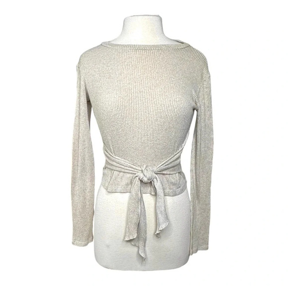 ZARA Knit Ribbed Crop Wrap Top in Oatmeal. Medium. Front Tie or Back Tie - Picture 1 of 7